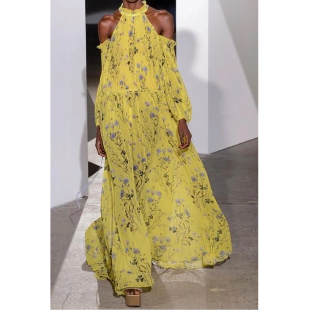 Self-Portrait Cold-Shoulder Printed Pleated Chiffon Maxi Dress In Yellow Print